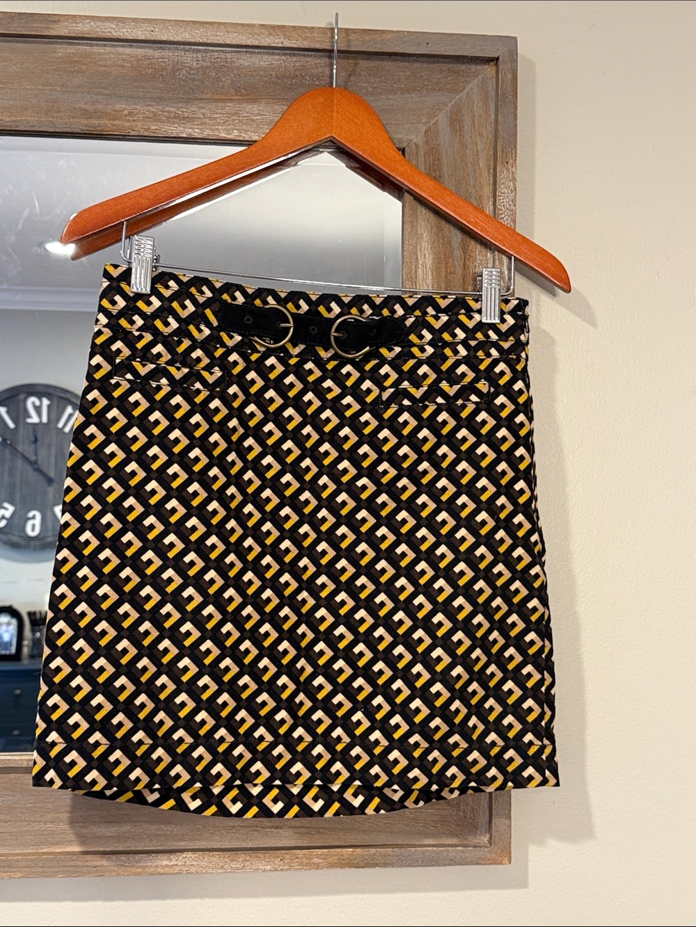 LOFT Black and Yellow Geometric Mini Skirt with Belt Detail